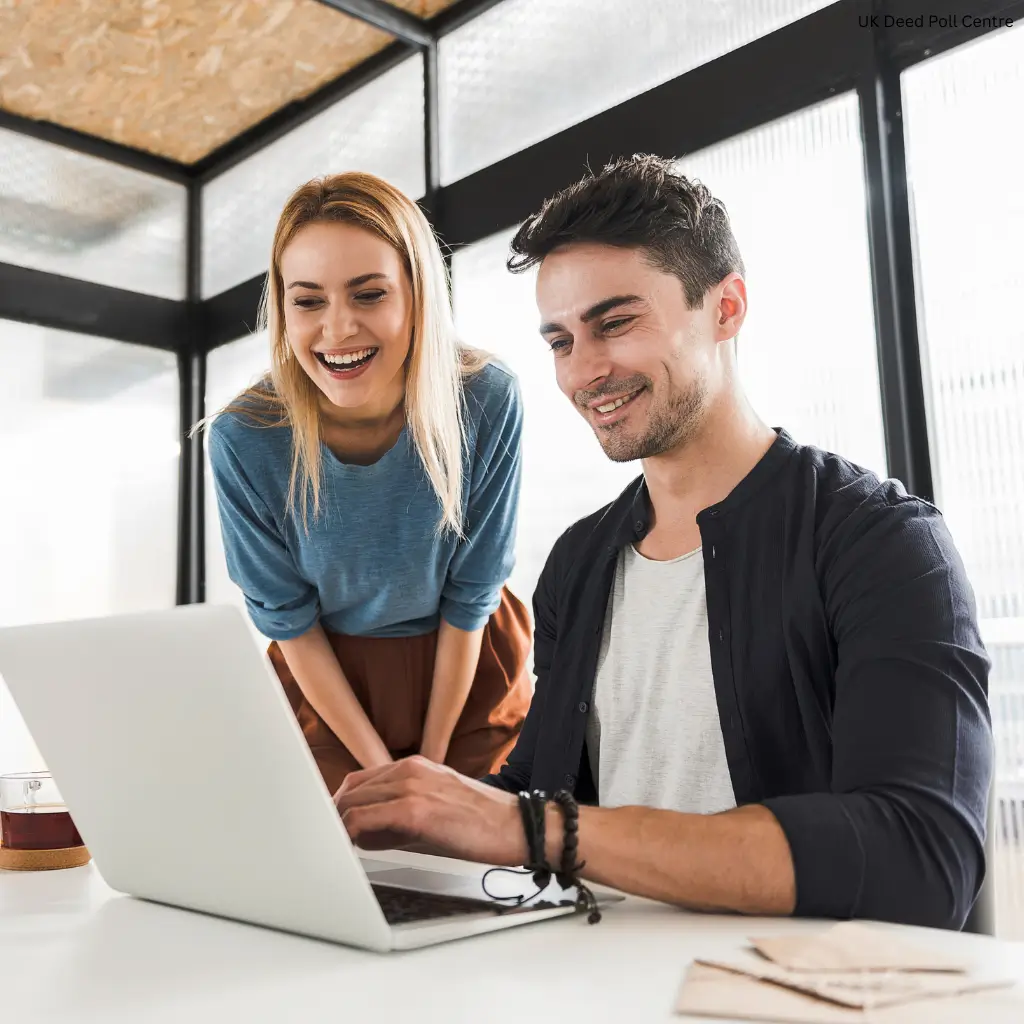 A lady and a man applying for a deed poll through the UK Deed Poll Centre to change their names.
